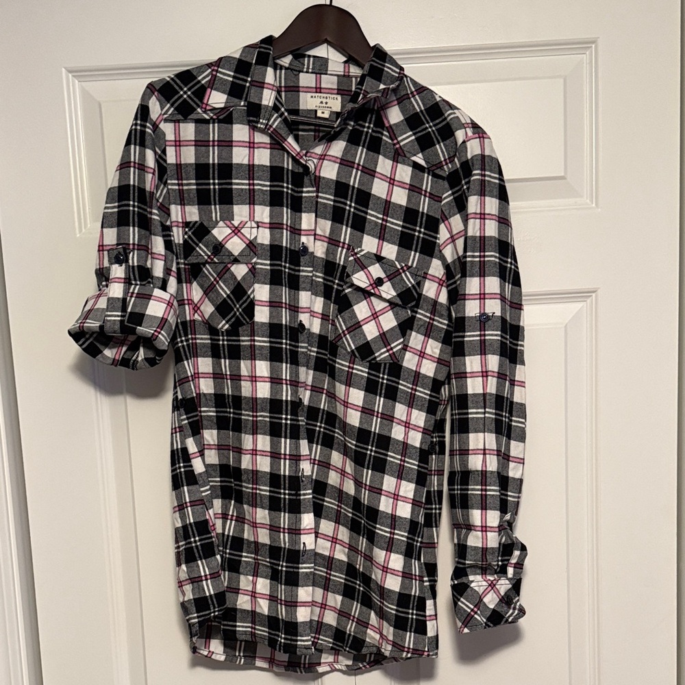Plaid Button Down Shirt - Black, White, Red
